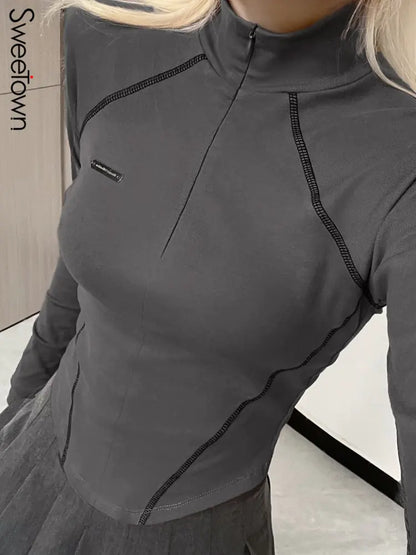 Gray Stitched Turtleneck Top