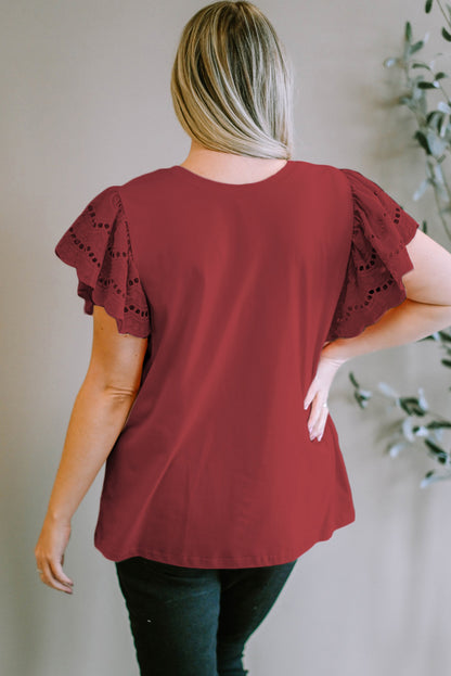 Plus Size Eyelet Round Neck Short Sleeve Blouse